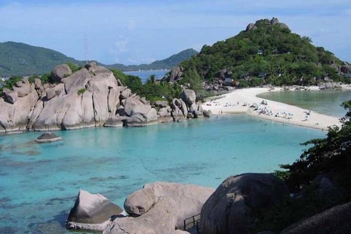 una playa con un montón de gente en el agua