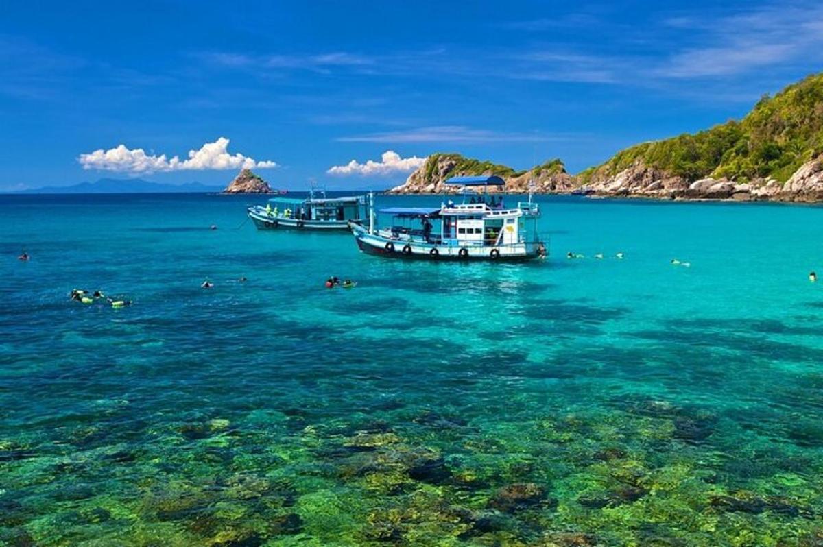 hai chiếc thuyền trên đại dương với những người đang bơi trong nước
