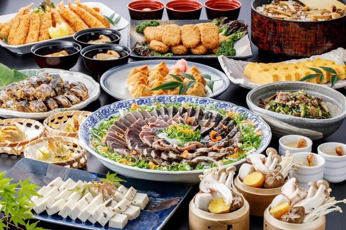 a table with many different types of food on it