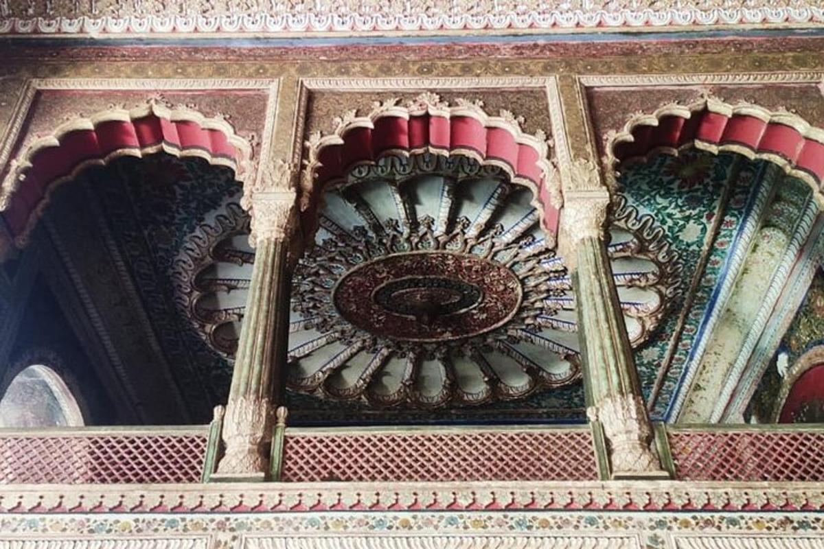 a close up of a building with a ceiling