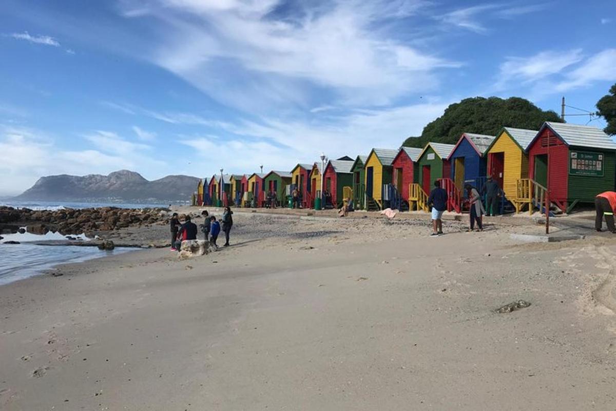 un rând de cabane de plajă colorate pe plajă