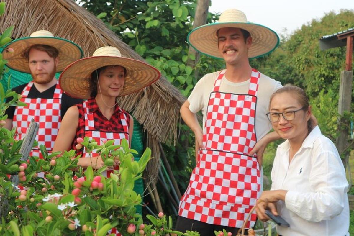 a group of people wearing hats standing in a garden
