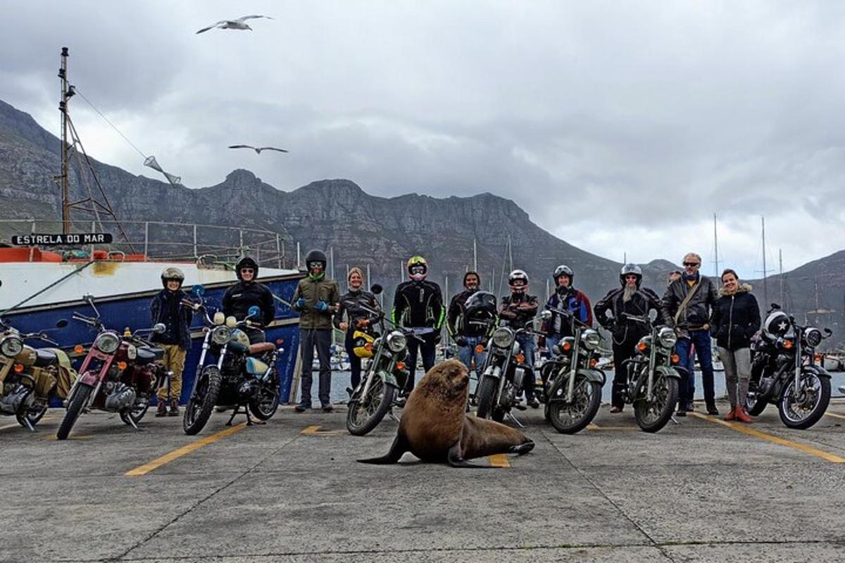 un grup de oameni cu motociclete și un urs într-o parcare