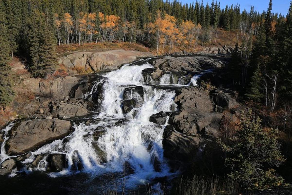 a waterfall on the side of a river with trees