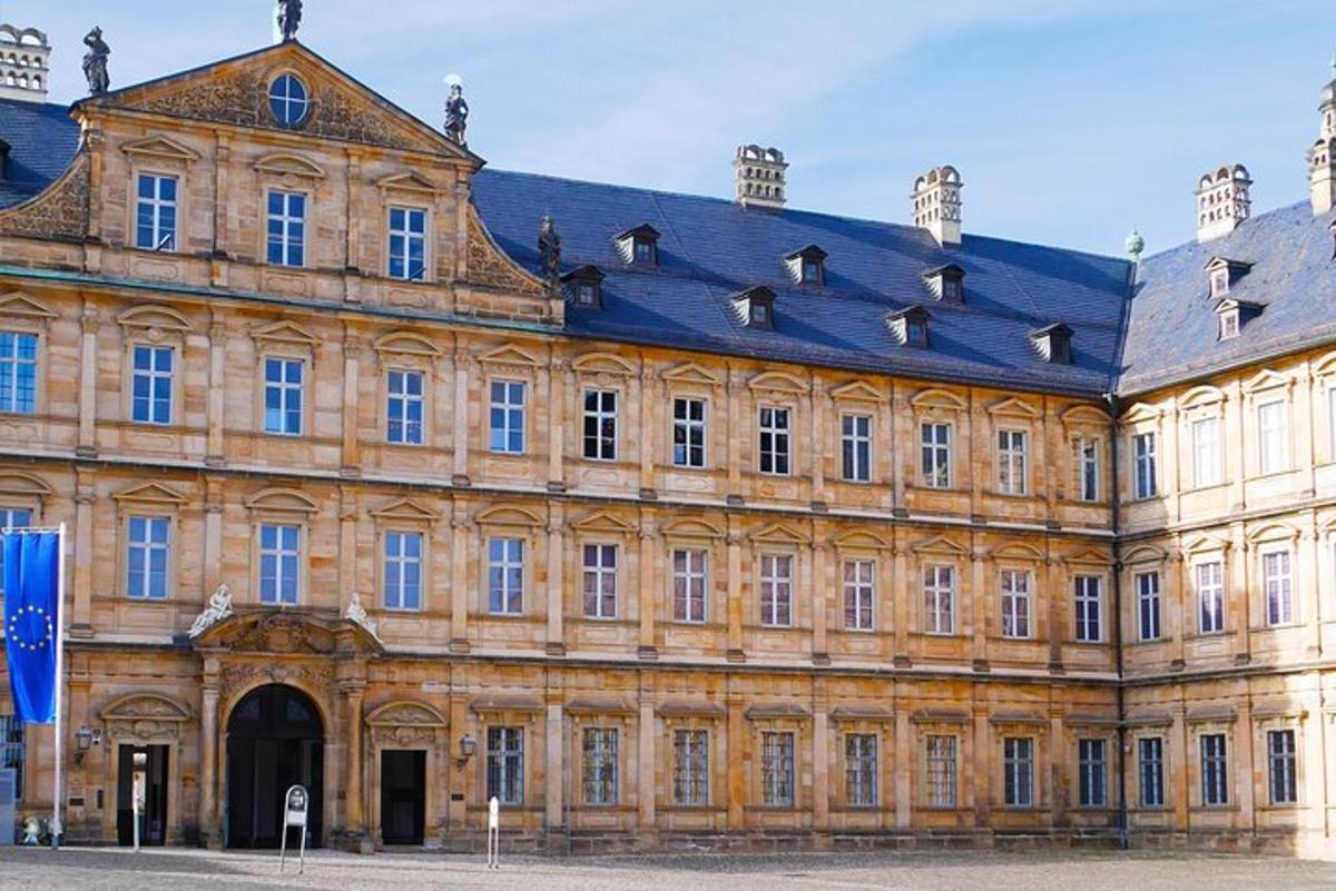 a large stone building with a blue roof