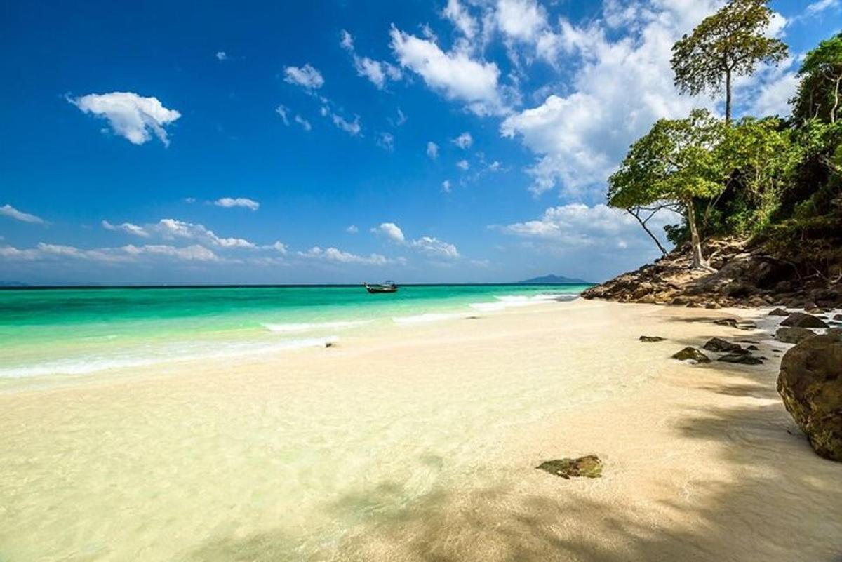 una spiaggia sabbiosa con una barca in acqua