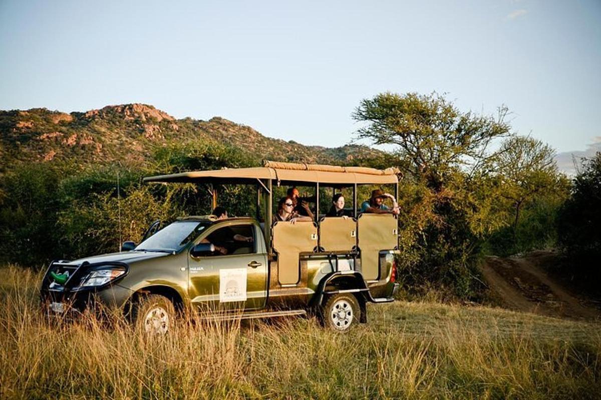 a group of people riding in a safari vehicle