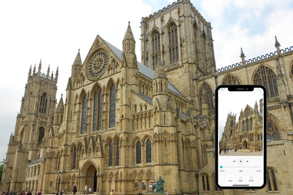 an old cathedral with a cell phone in front of it