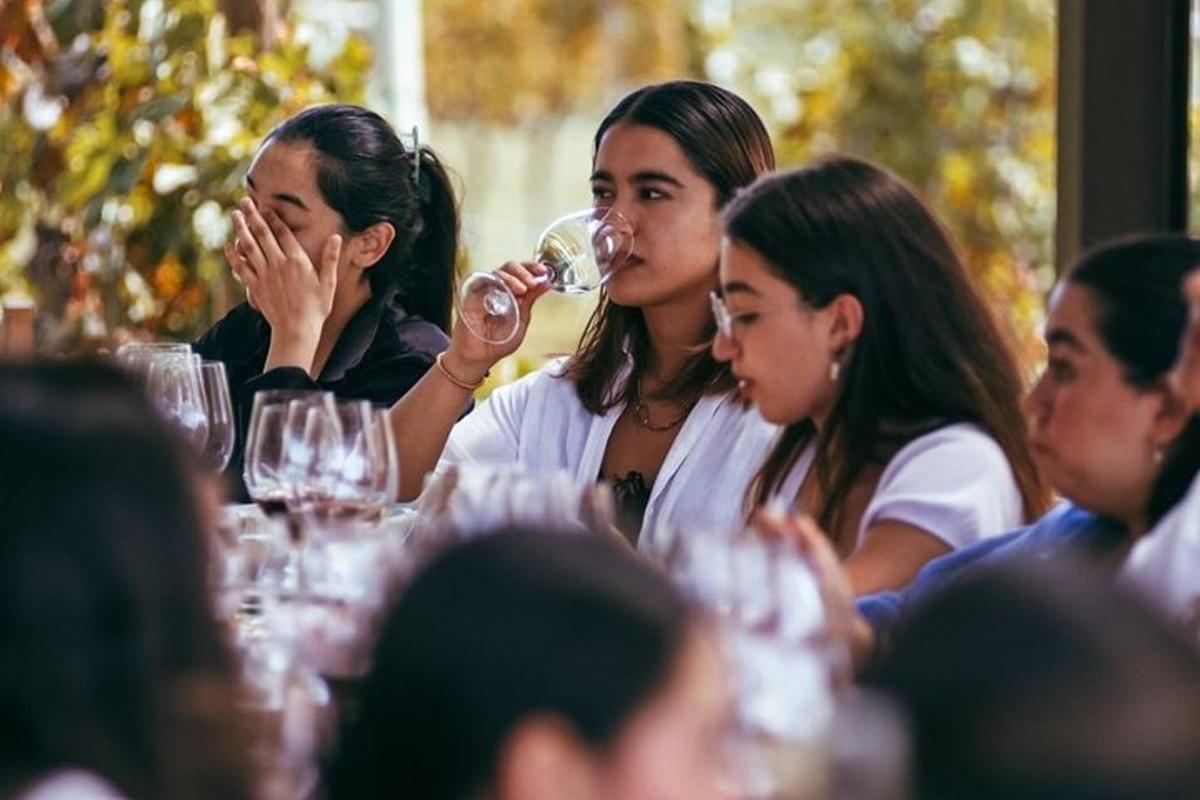 een groep mensen die aan een tafel zitten en wijn drinken