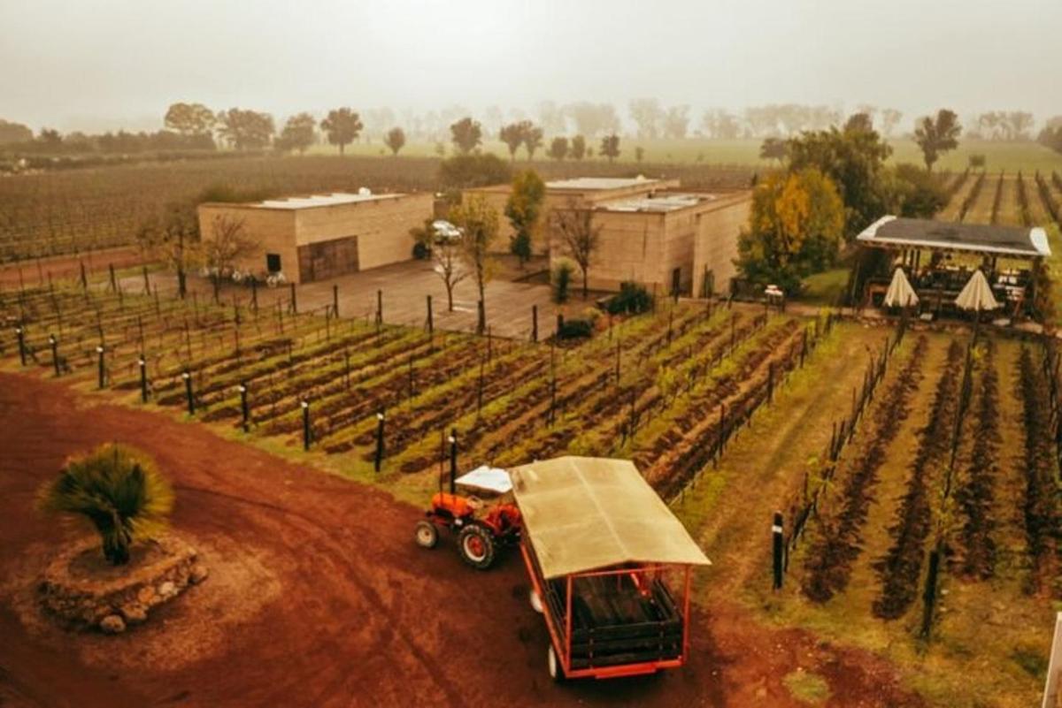 Una vista aérea de una granja con un tractor.