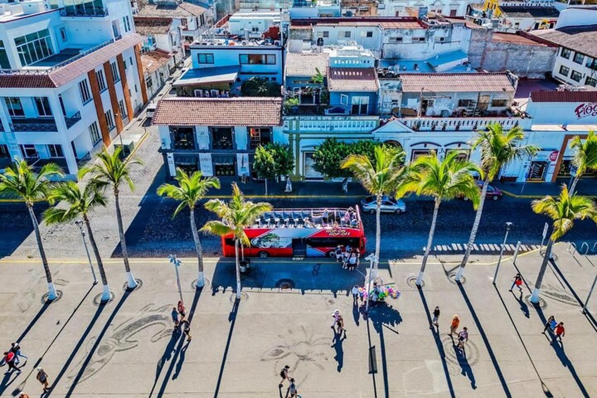 an aerial view of a city with palm trees