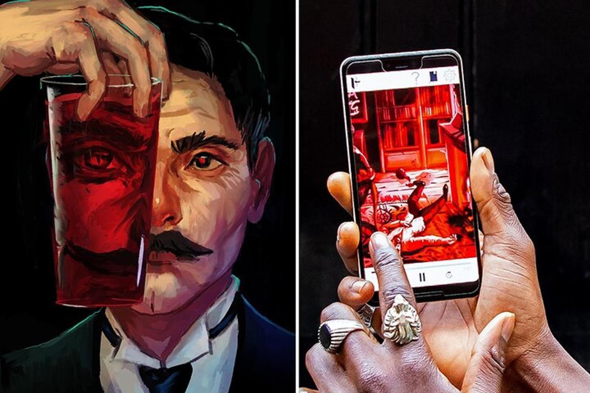una persona que sosté un telèfon mòbil amb una pintura d'un home