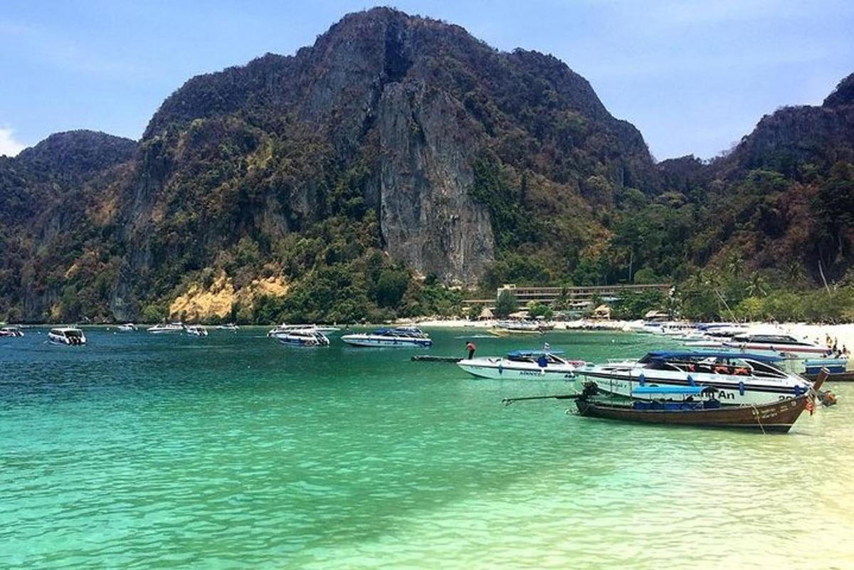 a group of boats in the water at a beach