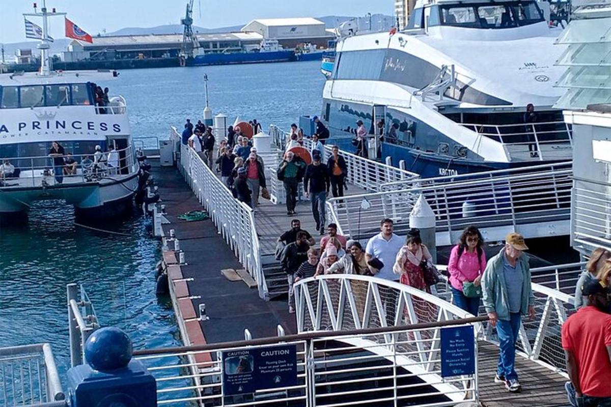 teknelerin yanındaki bir iskelede yürüyen bir grup insan