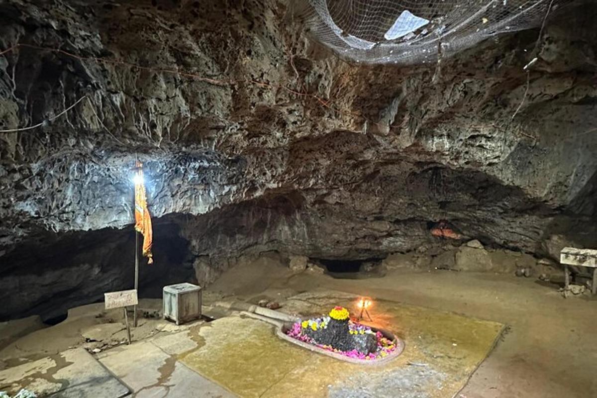 a cave with a altar in the middle of it