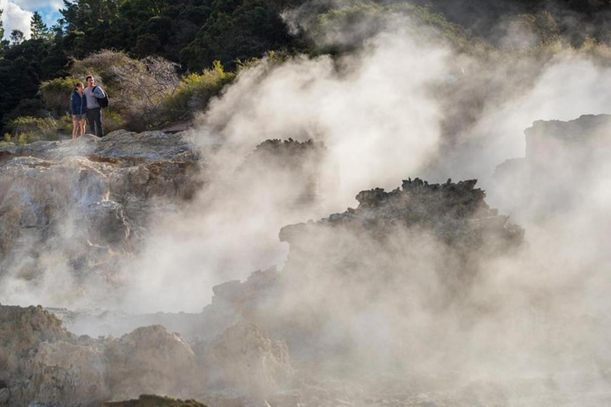 two people standing on the brink of a geyser