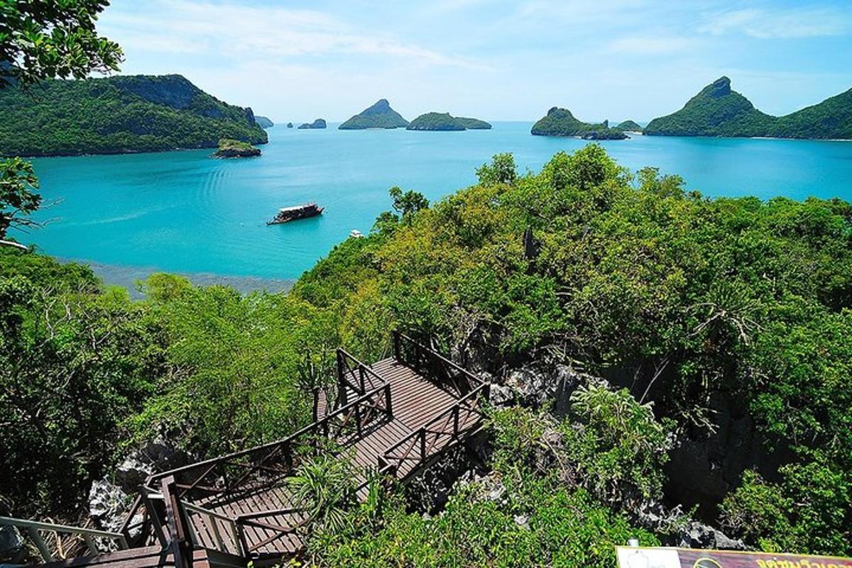 Una escalera que conduce a un lago con un barco en él.