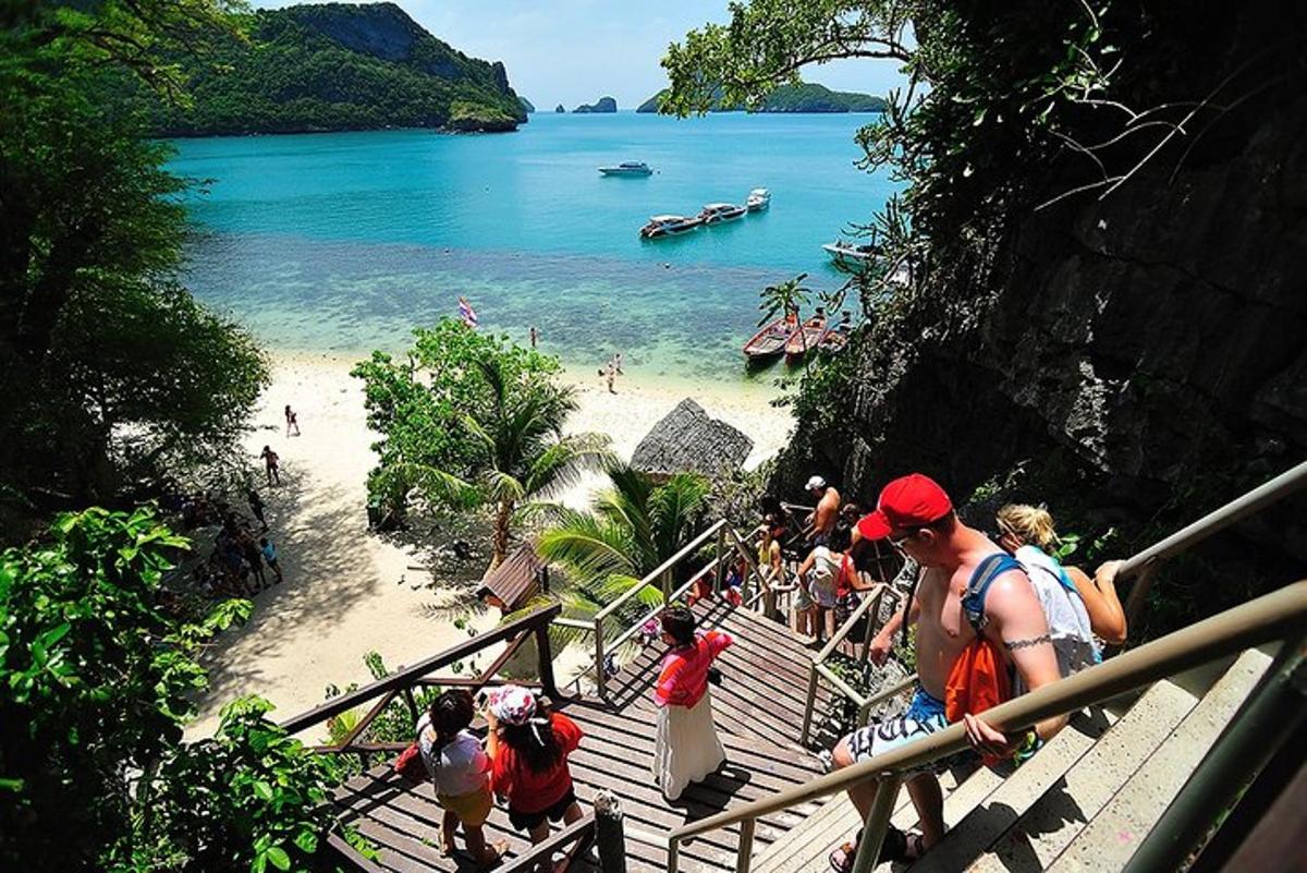 Un grupo de personas subiendo las escaleras hacia una playa.