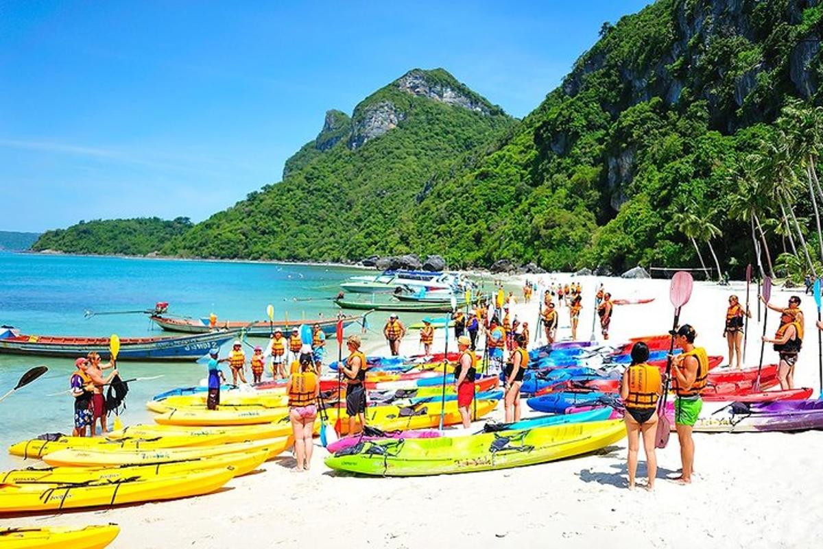 sekumpulan orang berdiri di pantai dengan bot