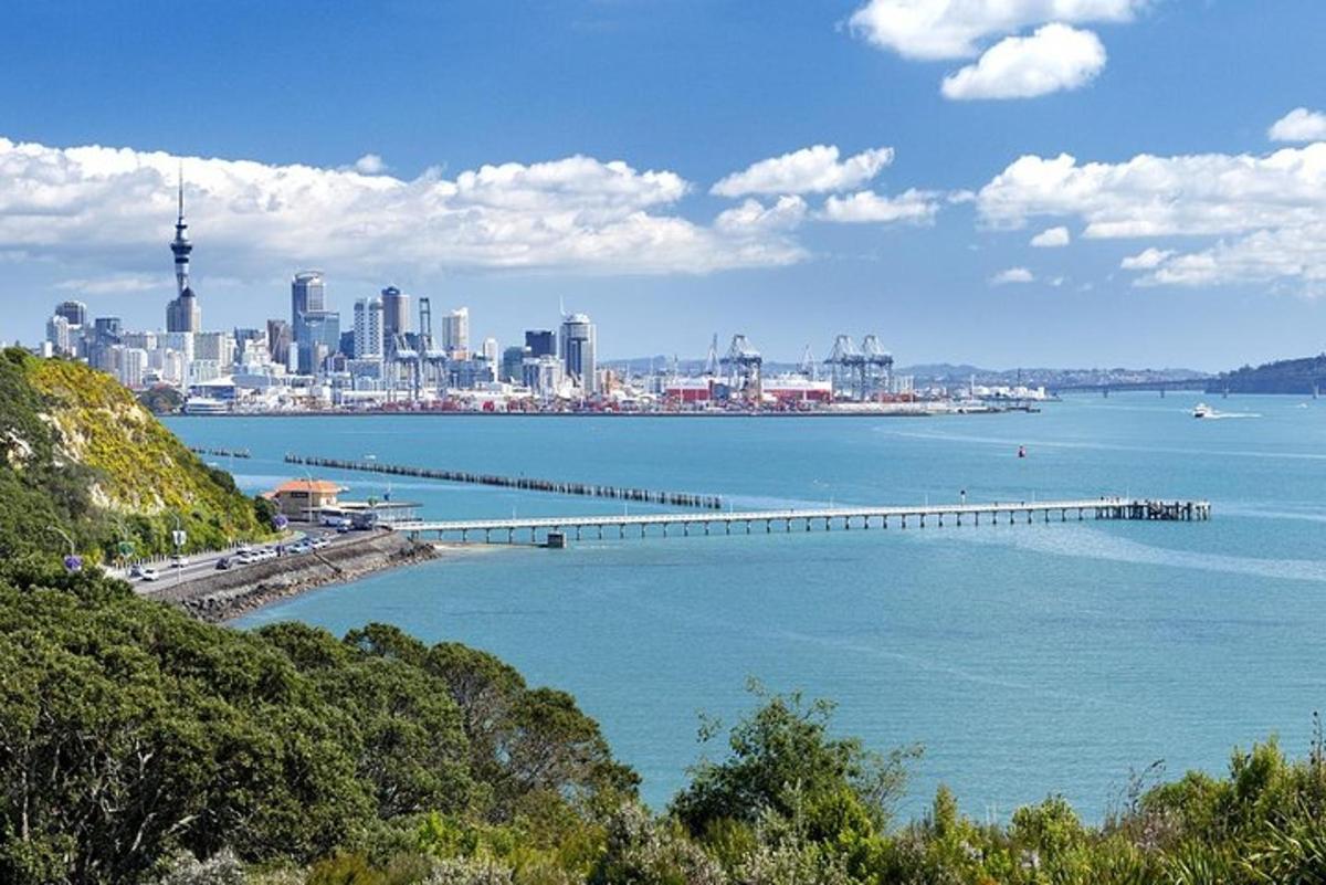 a view of a city with a pier in the water