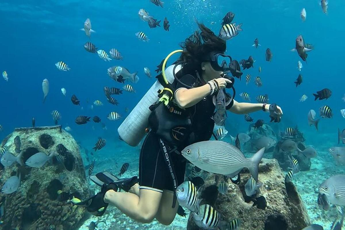 una donna nell'oceano che scatta una foto di pesci