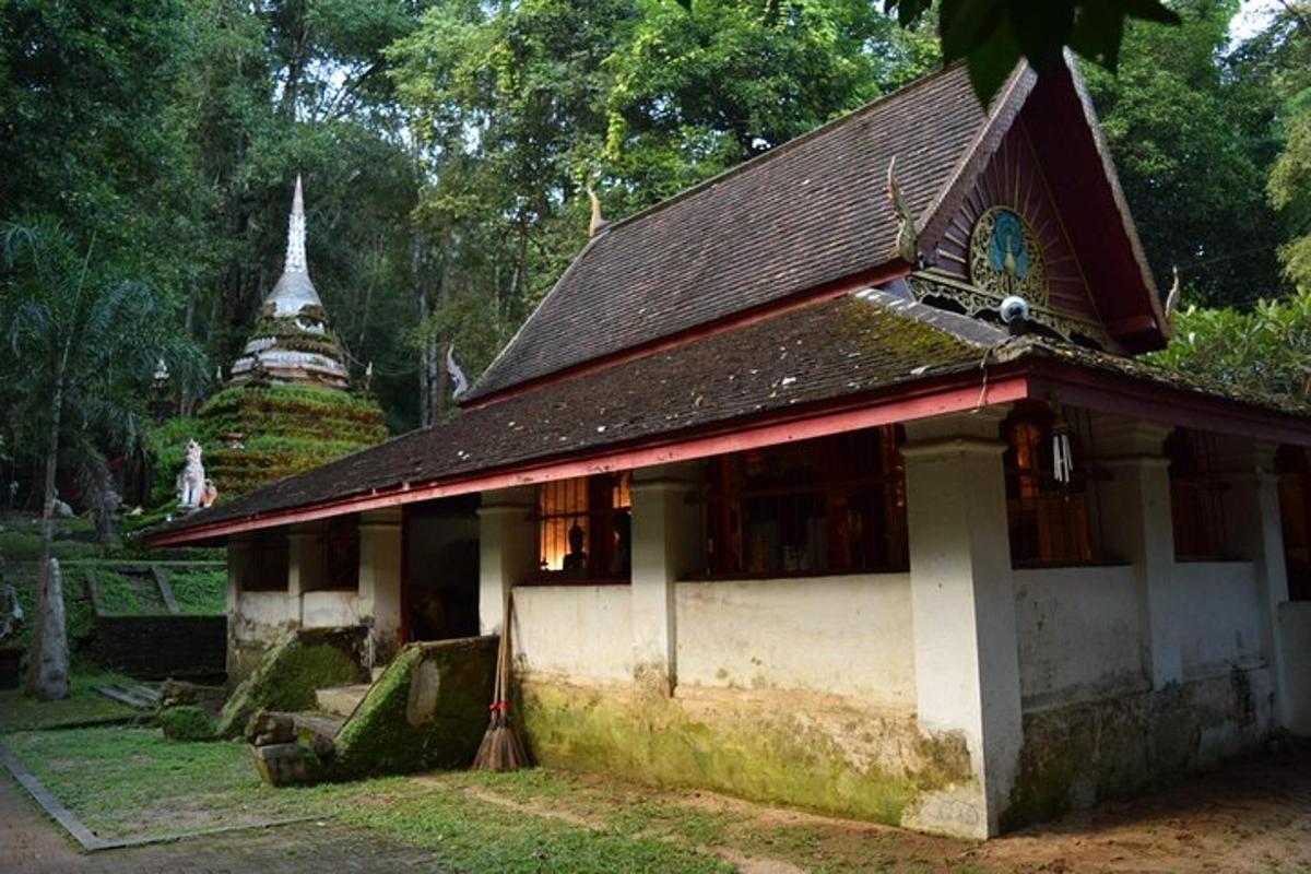 a small building with a brown roof and some trees