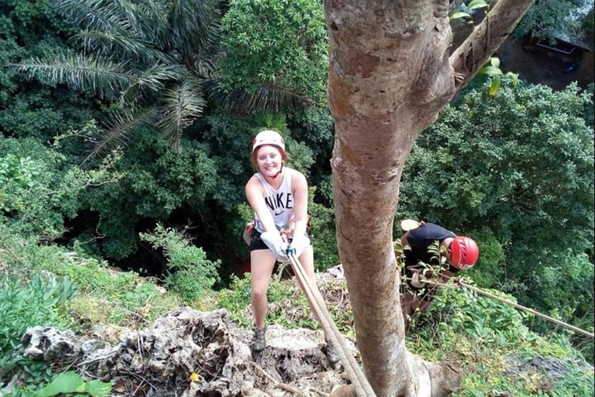una noia asseguda en un arbre amb un rasclet