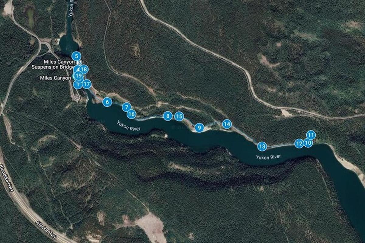a map of a river with blue circles on it