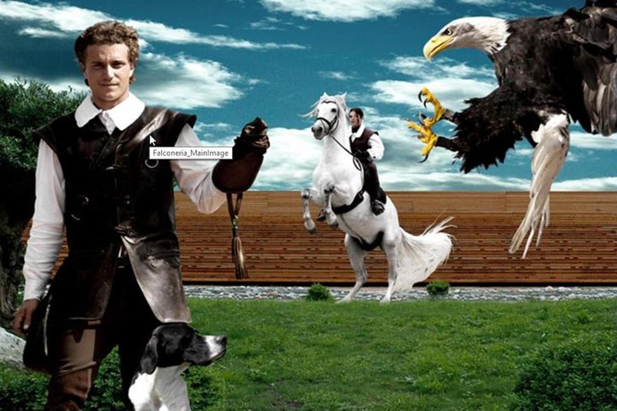 a man in a tuxedo with a horse and an eagle