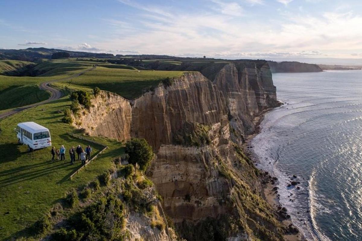 a group of people walking on a cliff next to the ocean
