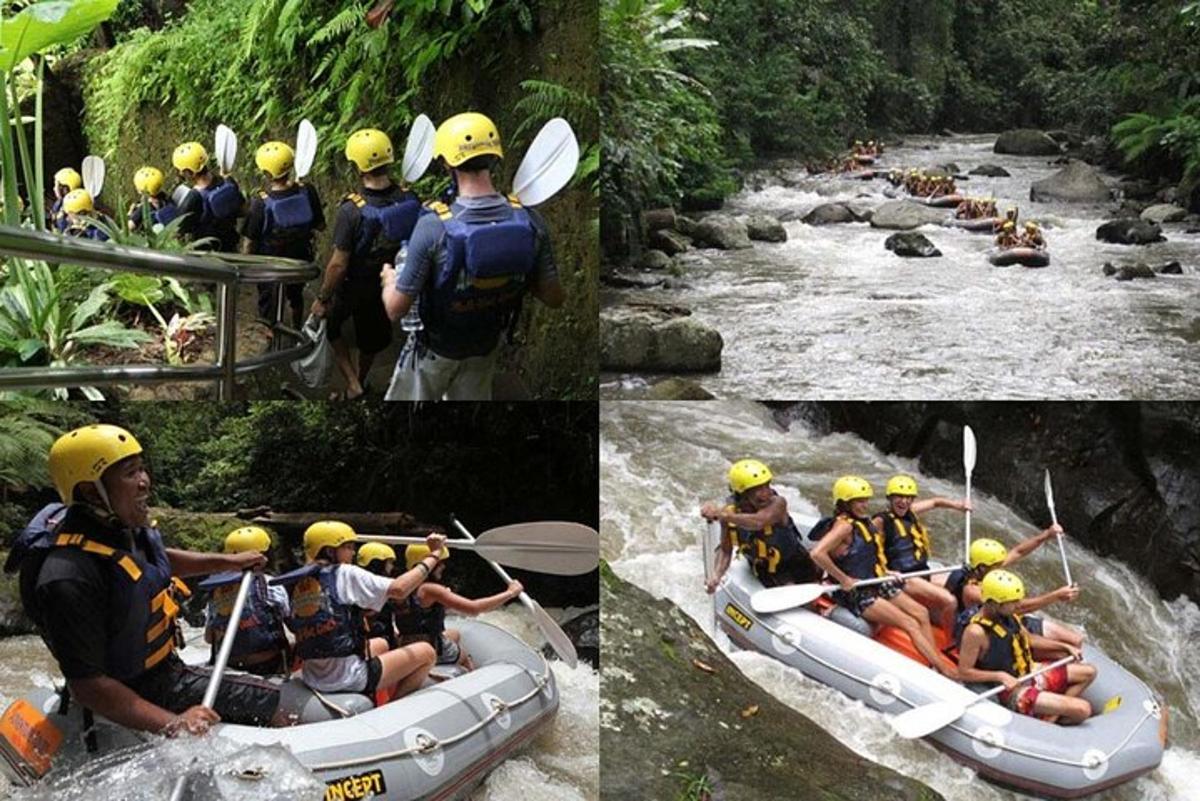 a group of people in a raft on a river