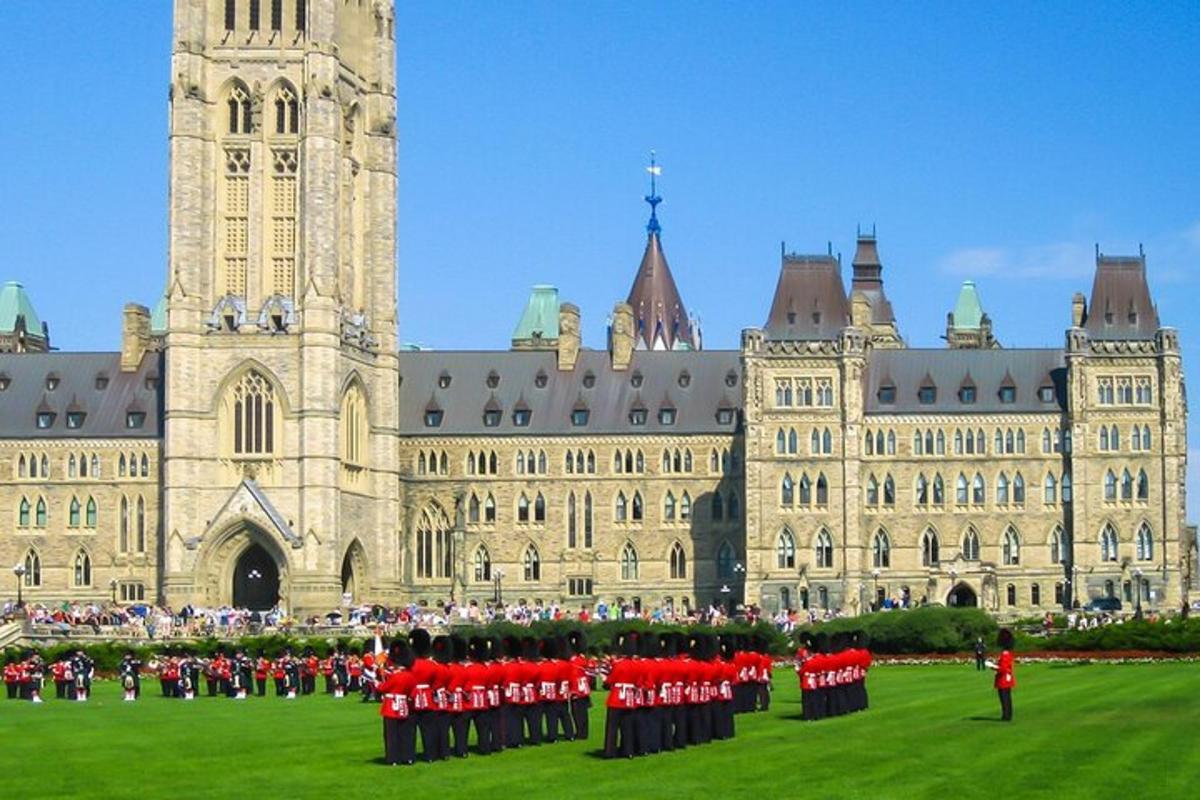 a large building with a group of soldiers in red uniforms