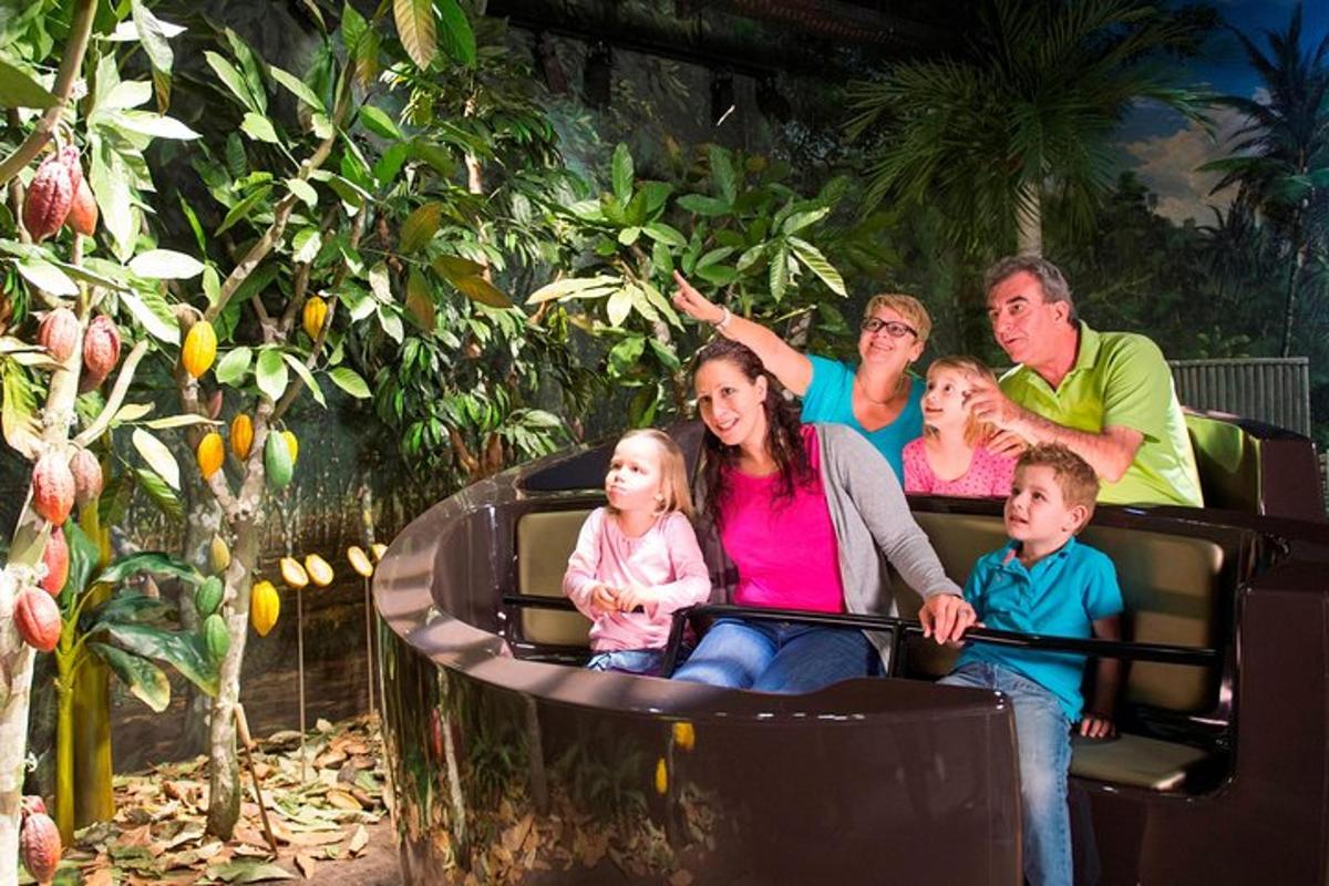 a family riding a roller coaster at a theme park