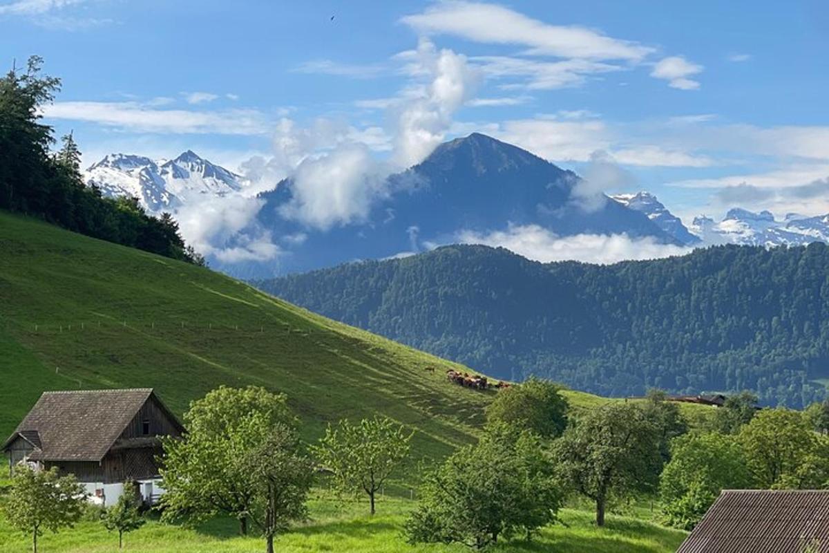 et hus på en grønn ås med fjell i bakgrunnen