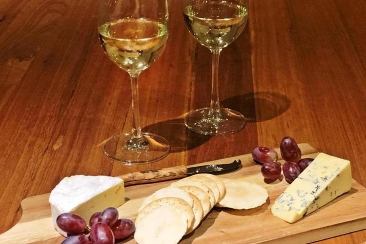 two glasses of wine and cheese and grapes on a table