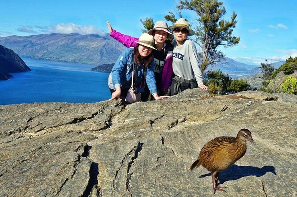 three people posing on top of a rock with a duck