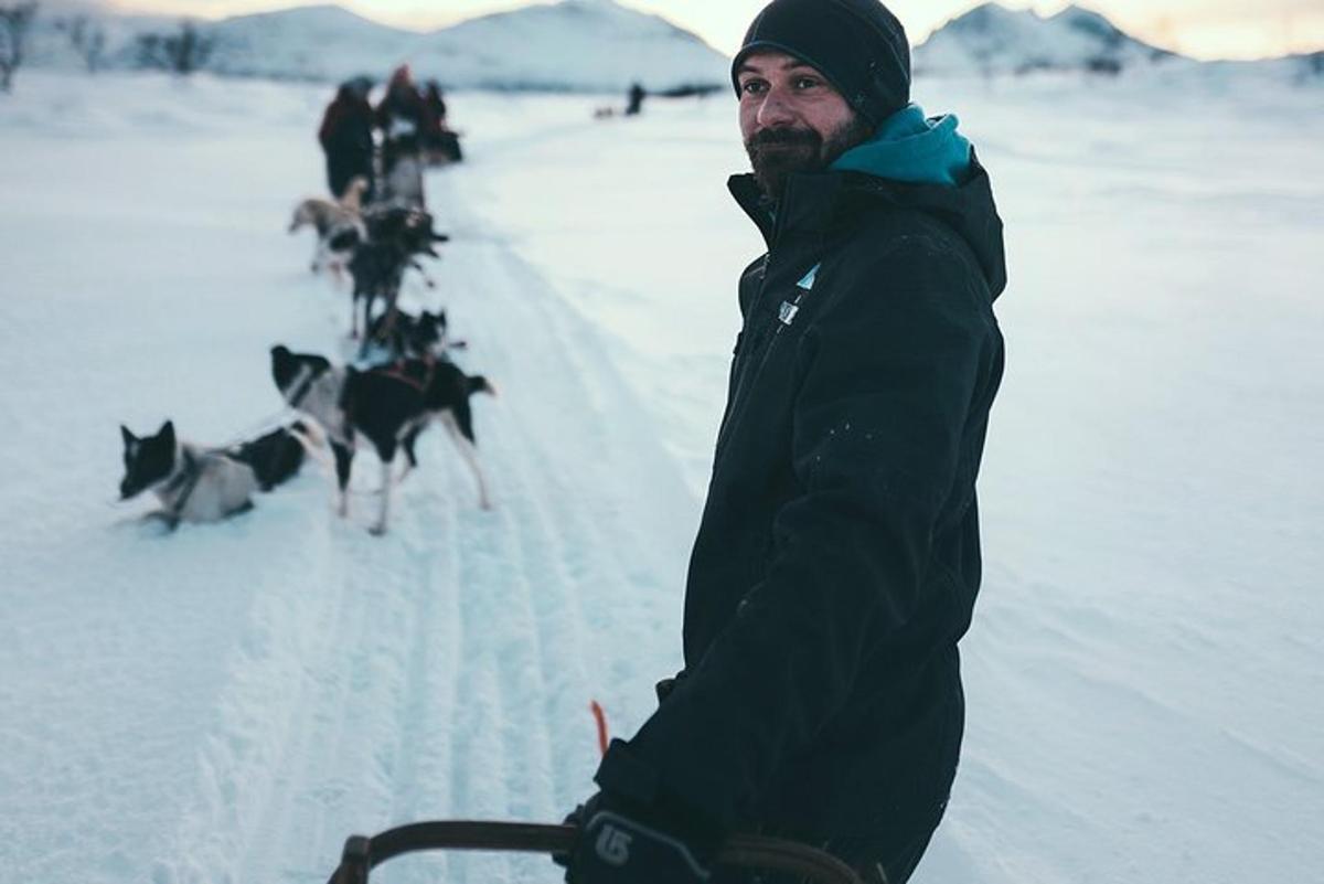 Maður stendur í snjónum með hópi hunda