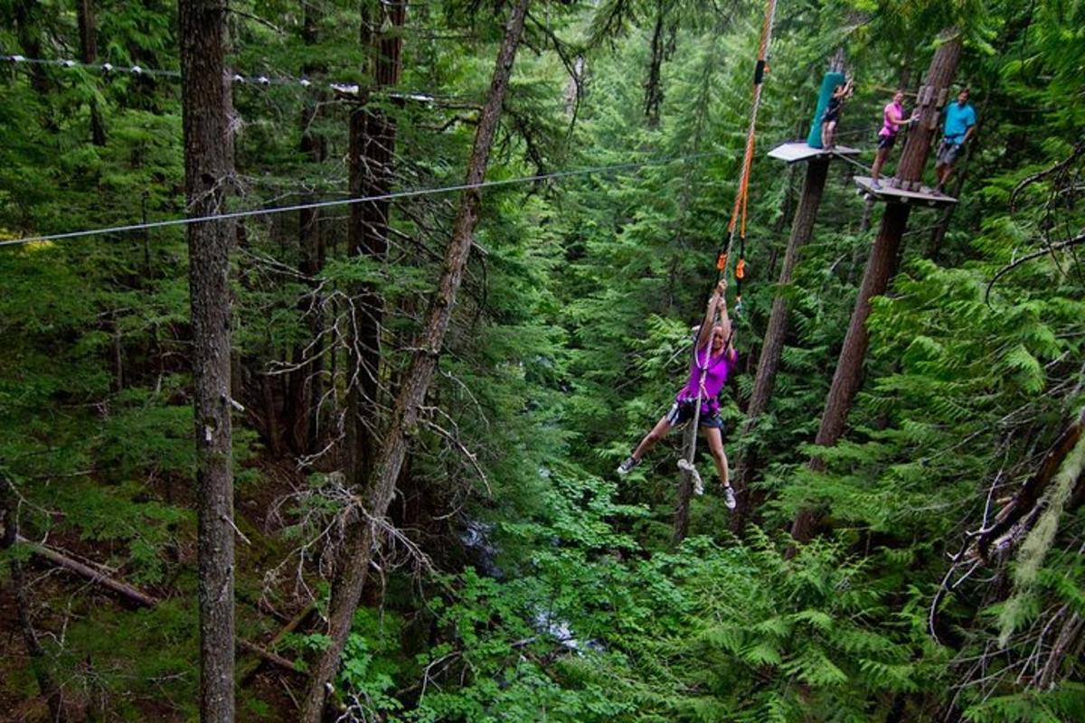 a woman swinging on a zip line in the forest