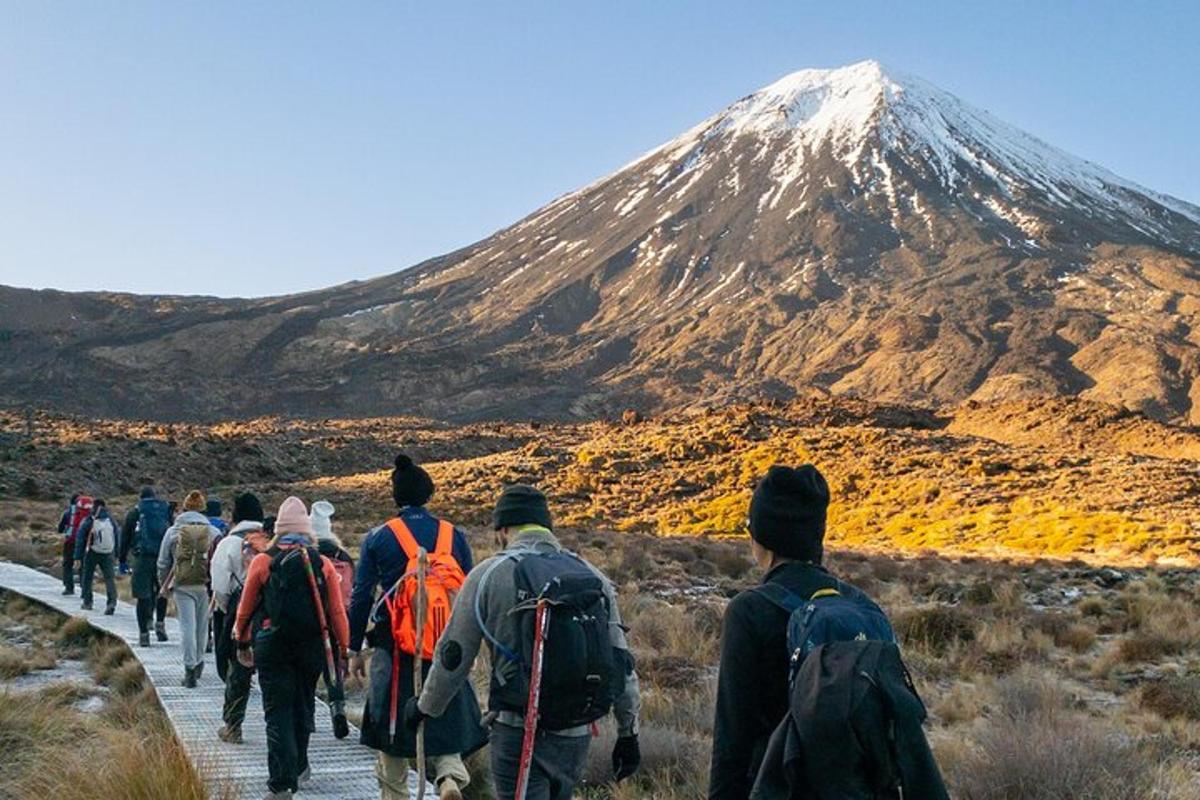 a group of people walking down a road with a mountain