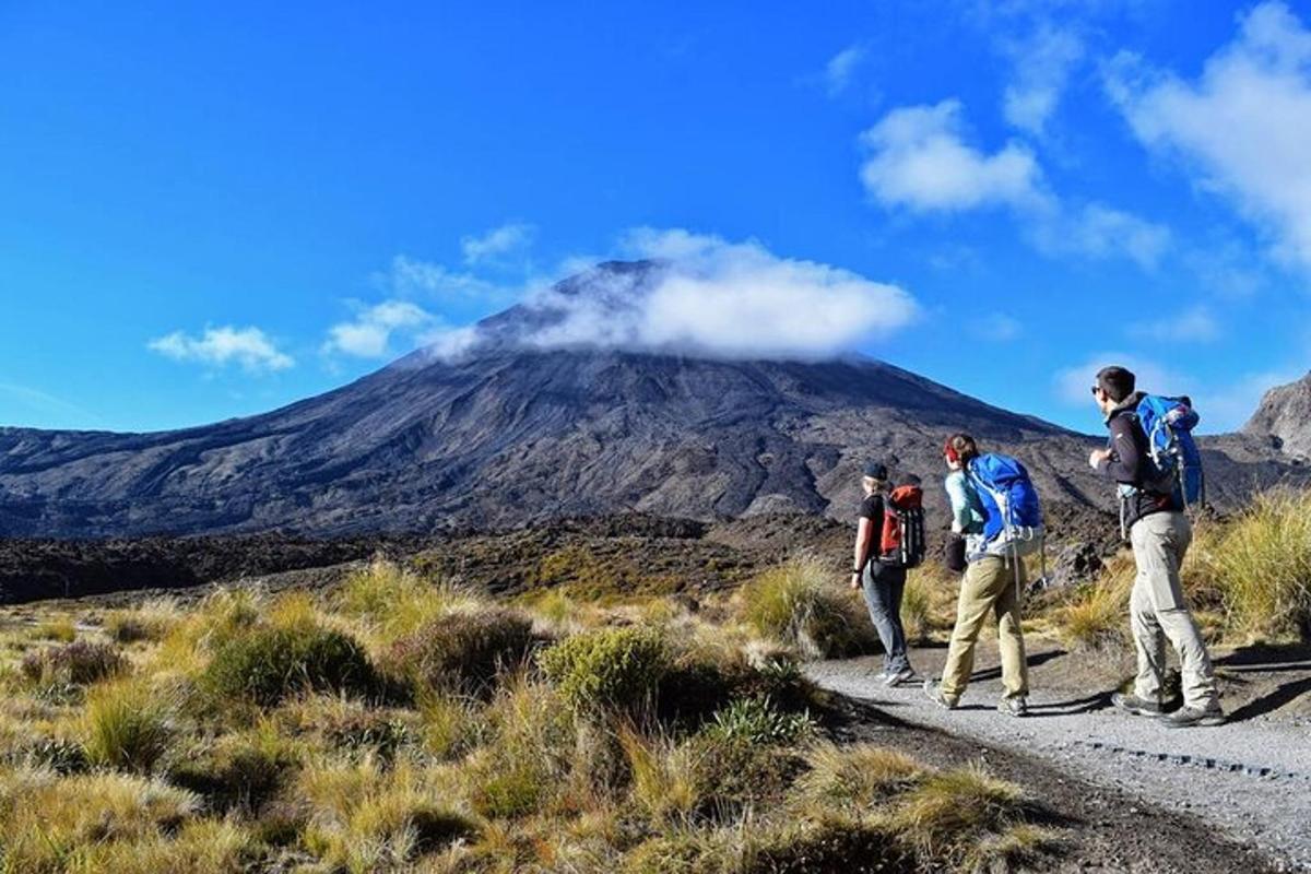 a group of people walking on a dirt road in front of a mountain