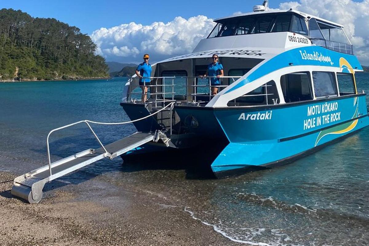 a blue and white boat on the water