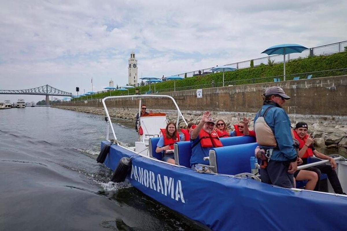 a group of people on a blue boat in the water