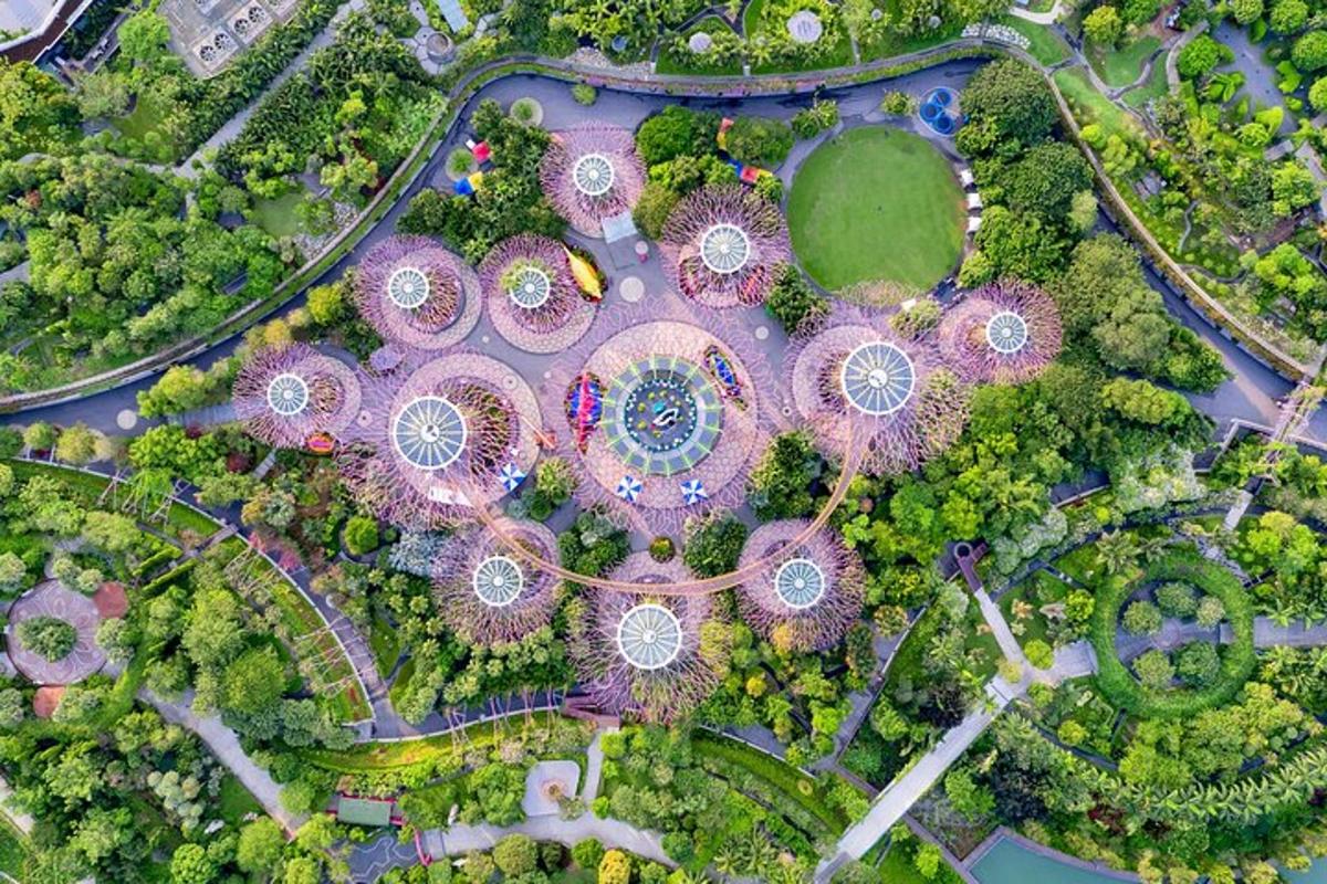 pemandangan atas taman dengan pokok dan bangunan