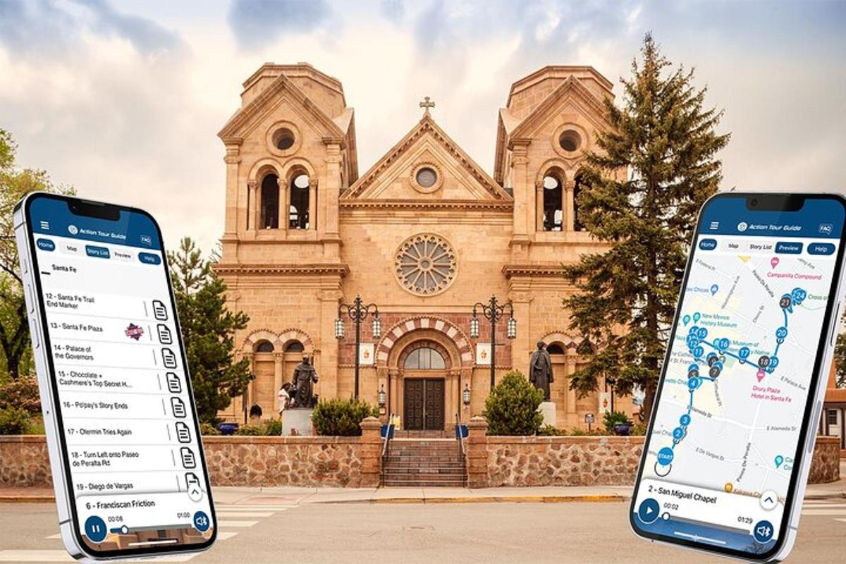 two cell phones in front of a church