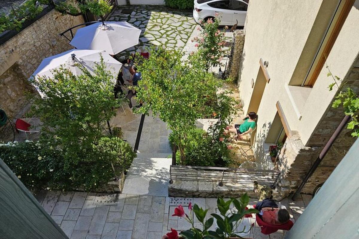 una vista dall'alto di un giardino con persone e ombrelloni