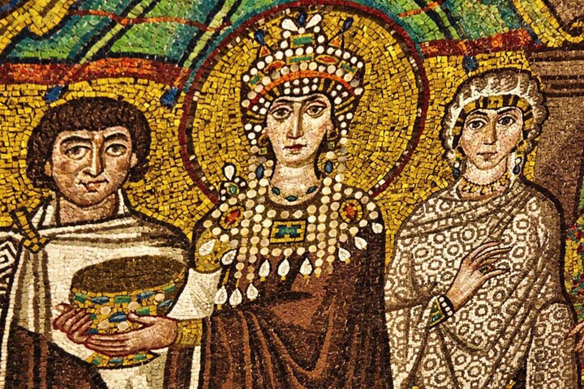 un mosaico di un uomo e una donna che tengono una ciotola