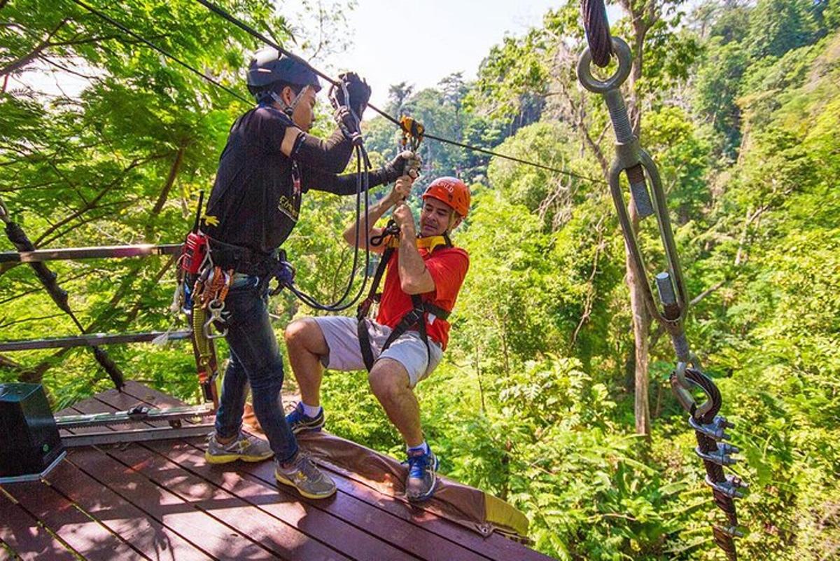 to menn på zipline i skogen