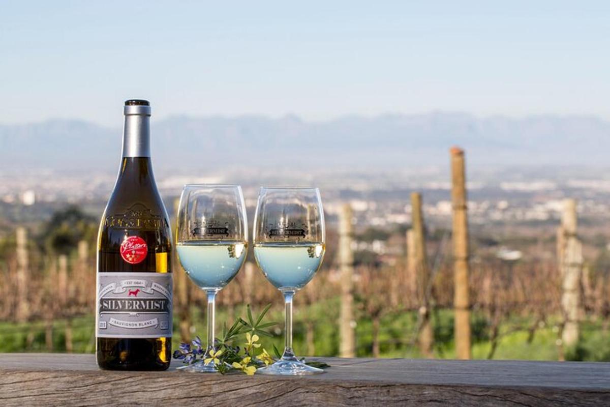 una bottiglia di vino e due bicchieri di vino su un tavolo