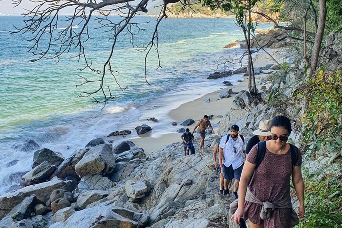 a group of people walking along a rocky beach