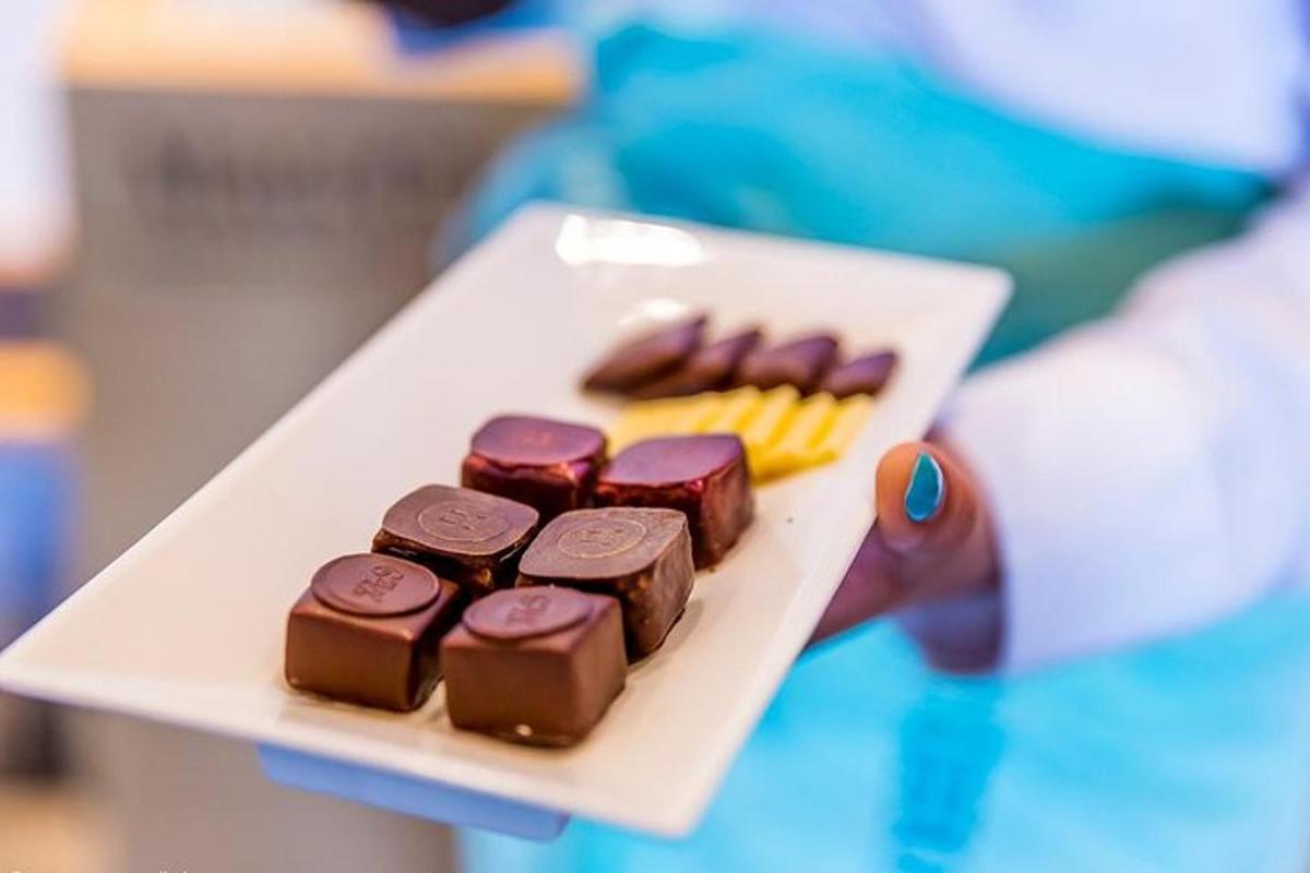 Una persona sostiene un plato de postres de chocolate.